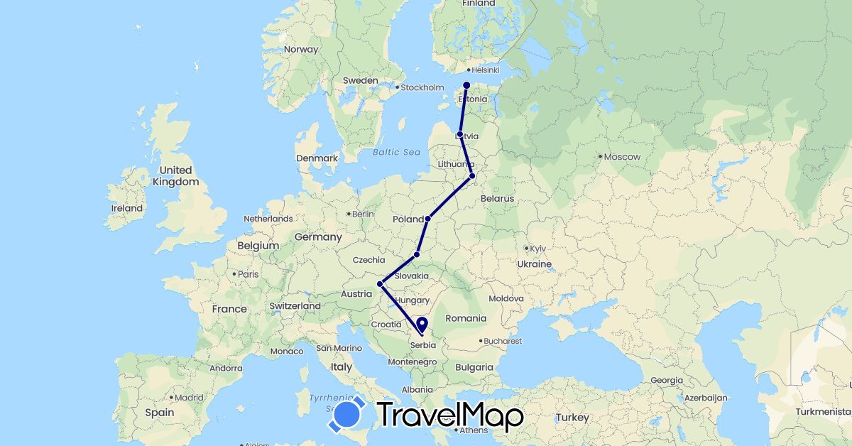 TravelMap itinerary: driving in Austria, Estonia, Lithuania, Latvia, Poland, Serbia (Europe)